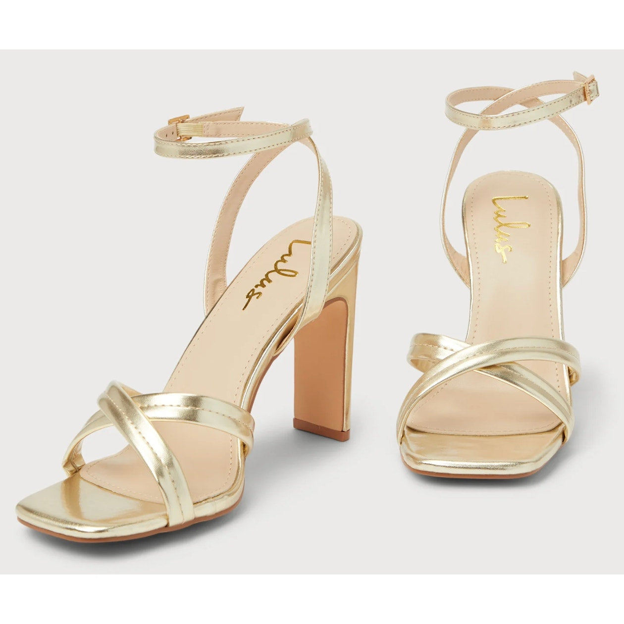 Lulus Milanii Square Toe Ankle Strap High Heel Sandals Metallic Gold 10