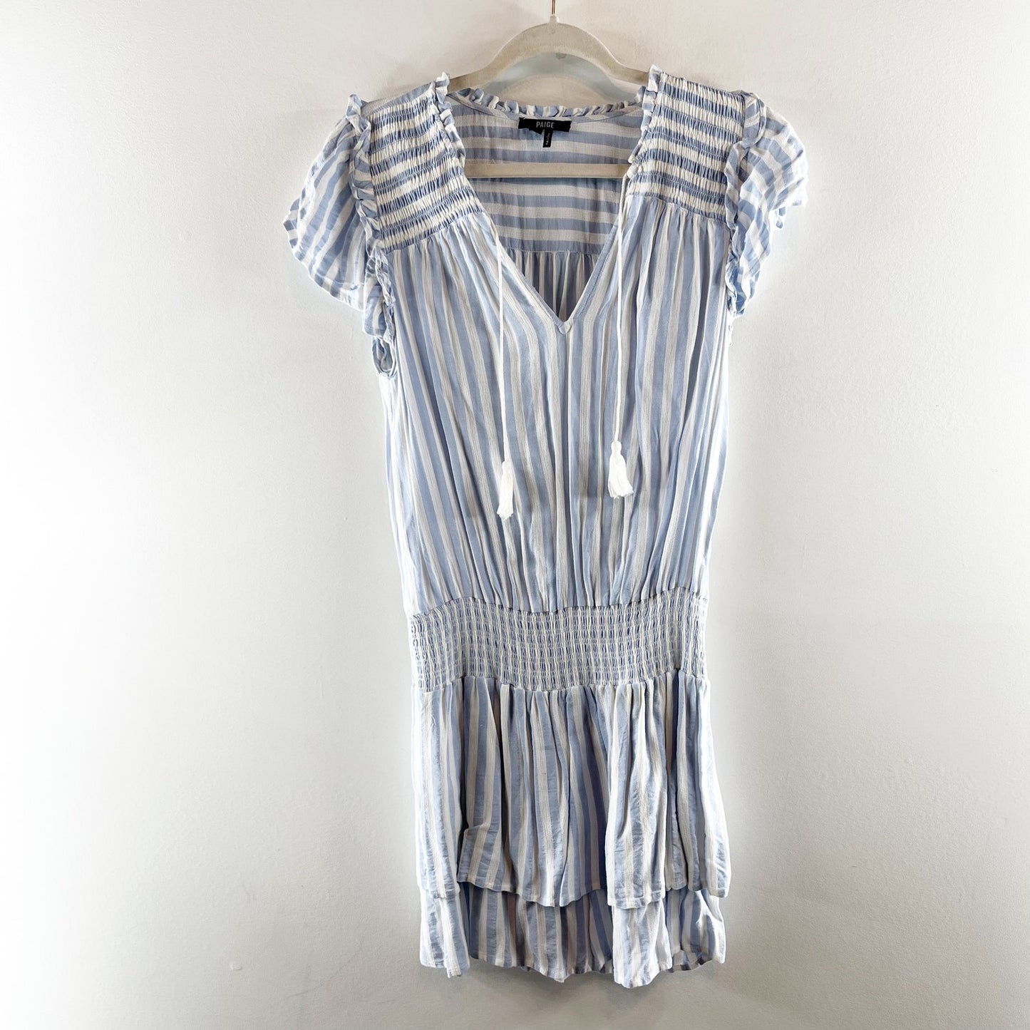 Paige Christina Striped Short Sleeve Smocked Waist Mini Dress Blue White Medium