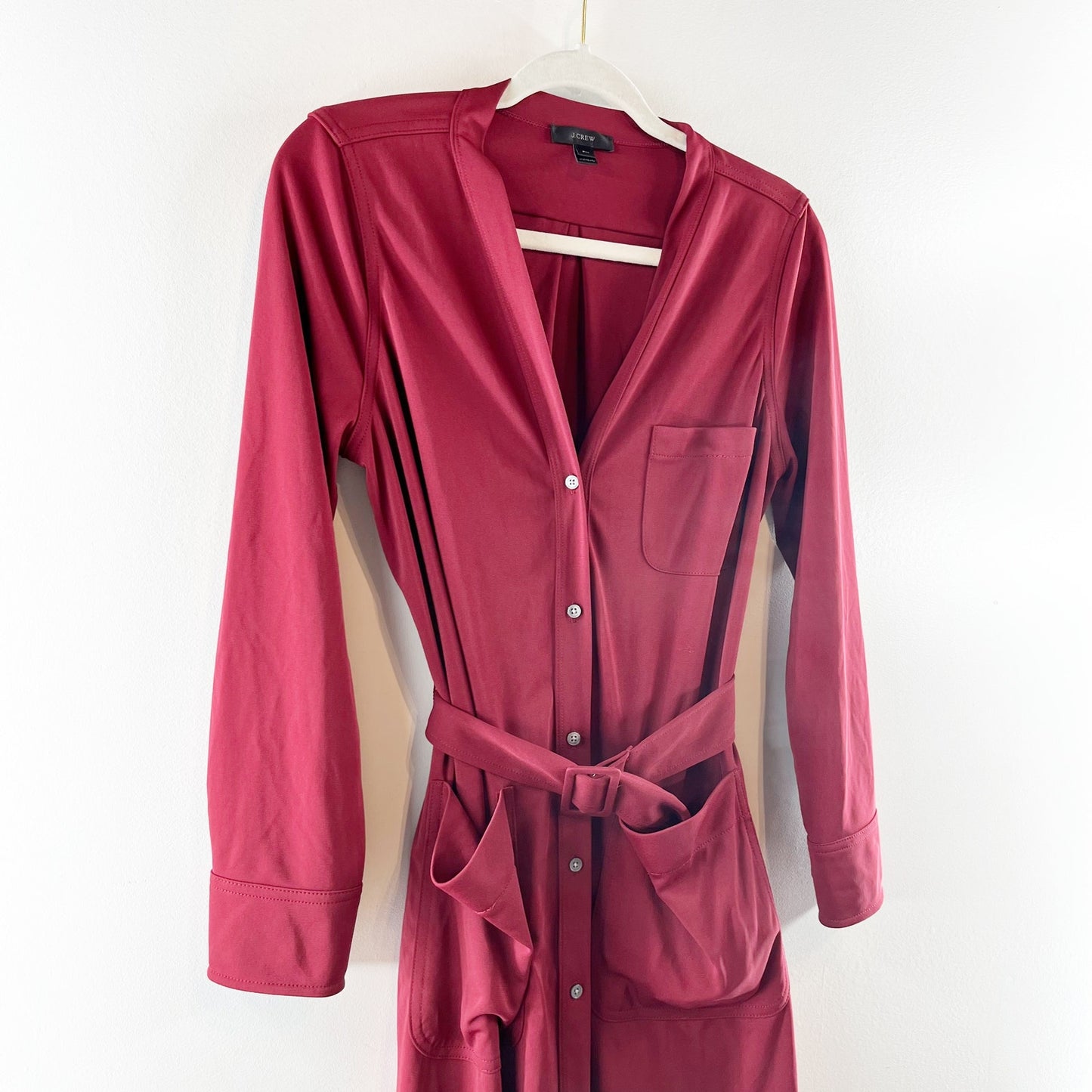 J. Crew Long Sleeve Belted Midi Shirt Dress Maroon Burgundy Red Medium Petite