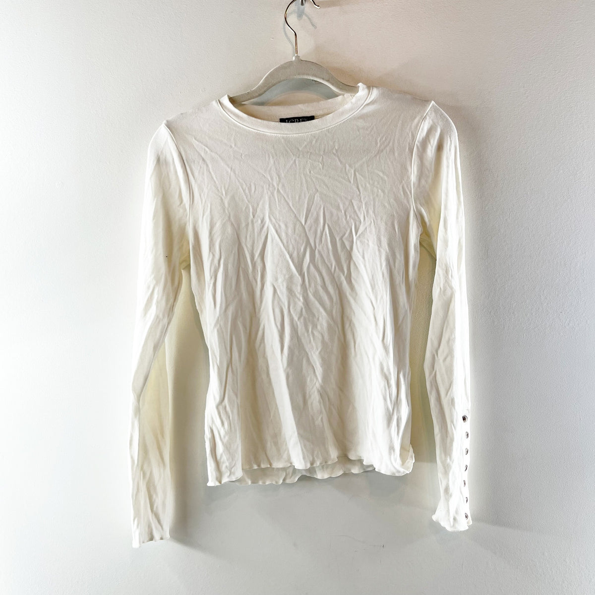 J. Crew Refined Rib Crewneck Long Sleeve Tee Shirt with Button Cuffs Cream White