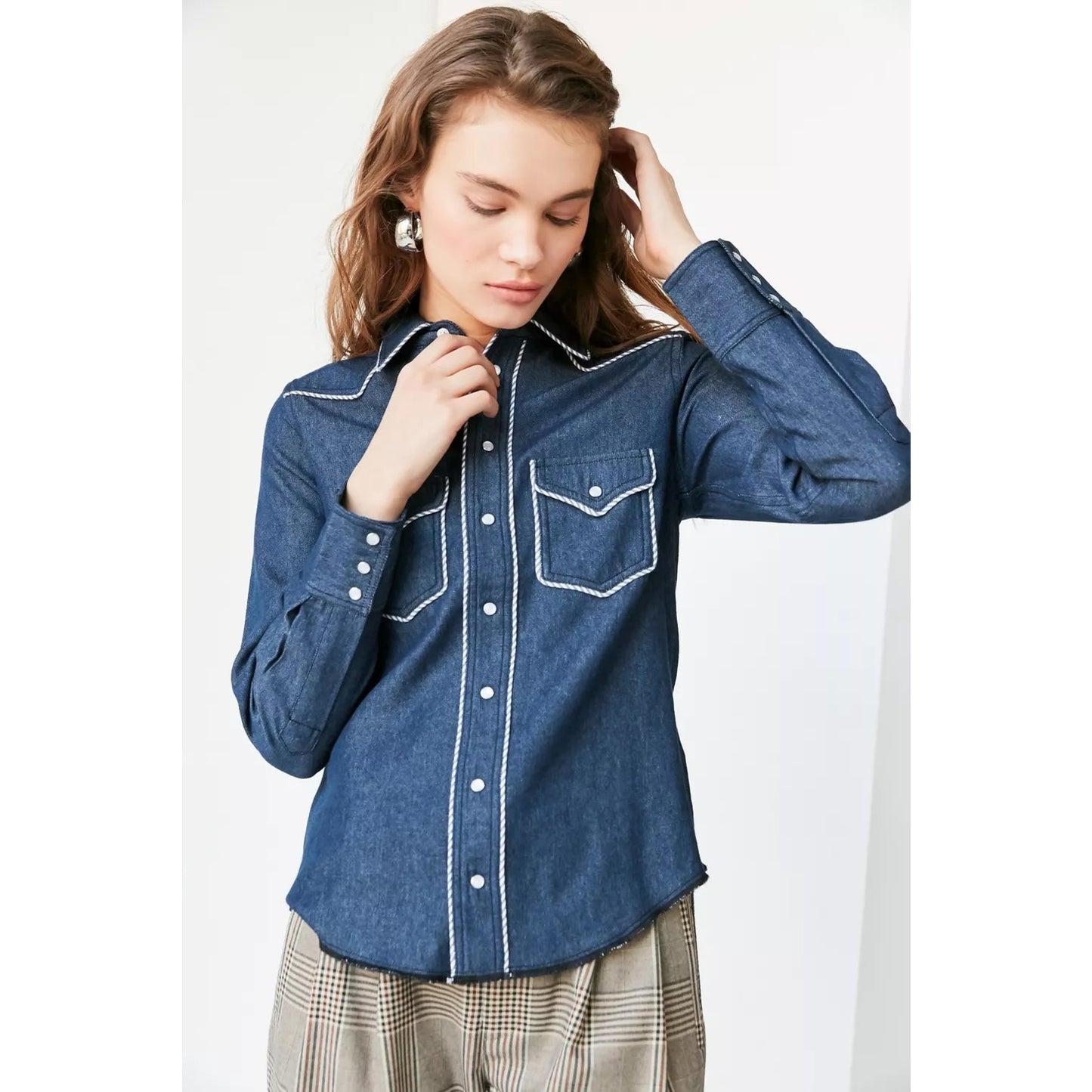 Urban Outfitters Western Cotton Long Sleeve Button Up Denim Shirt Blue Large