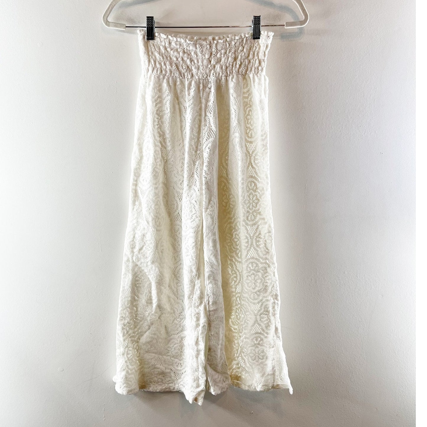 Aerie Smocked Waist Pull On Wide Leg Cropped Lace Sheer Pants Cream XS