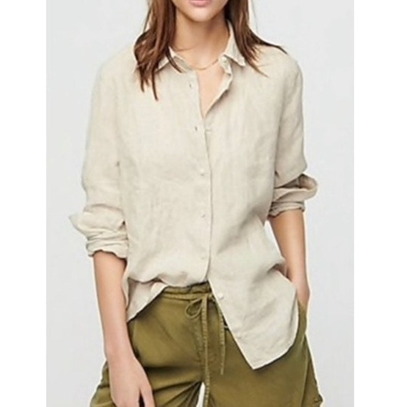 J. Crew Perfect 100% Linen Long Sleeve Collared Button-Up Shirt Beige 12 Petite