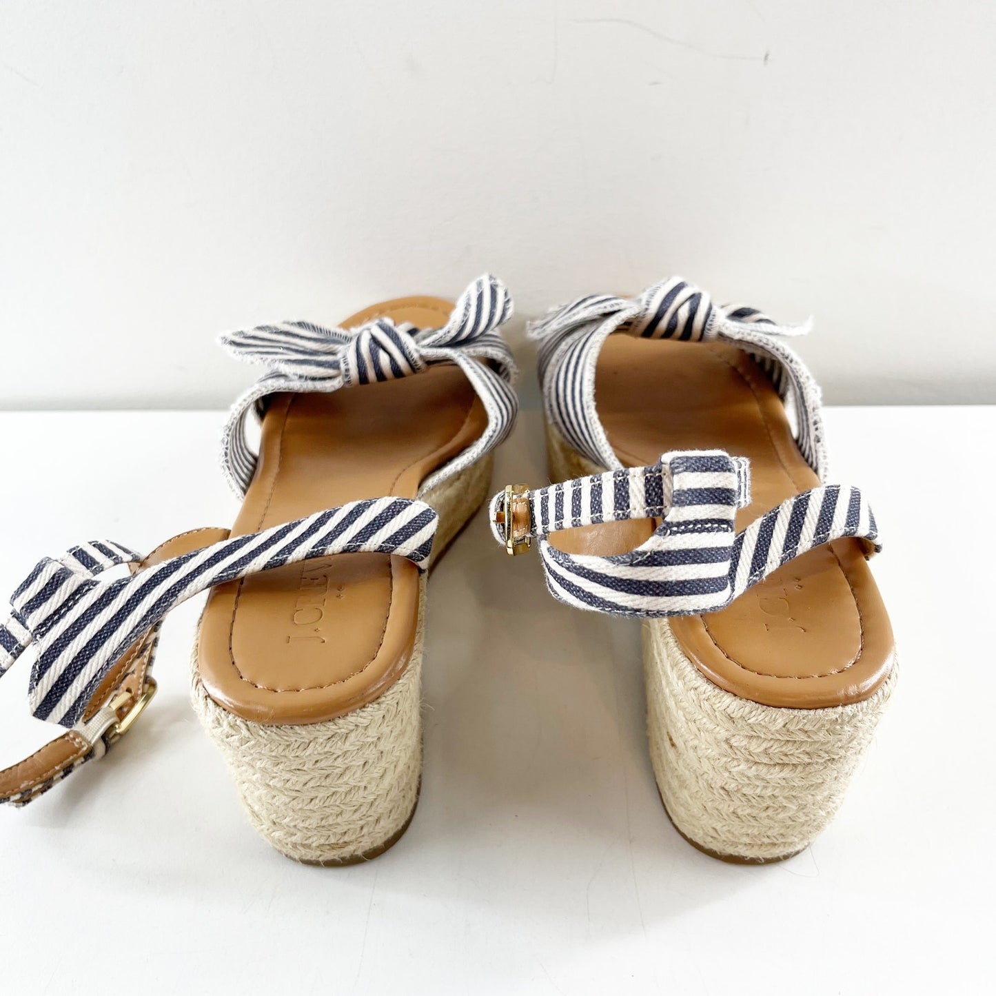 J. Crew Platform Bow Striped Espadrille Wedge Sandals Blue White 8