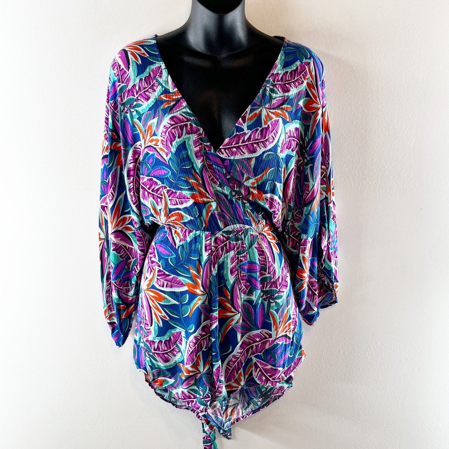 Lulus Hypnotized Kimono Sleeve Printed Romper One Piece Teal Pink Small