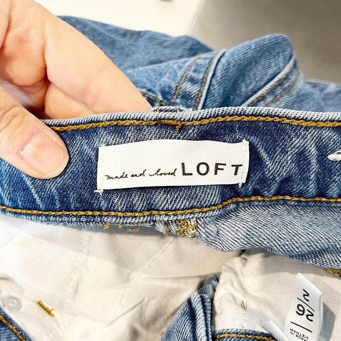 LOFT High Rise Straight Leg Raw Frayed Hem Rhinestone Jeans Blue 2 / 26