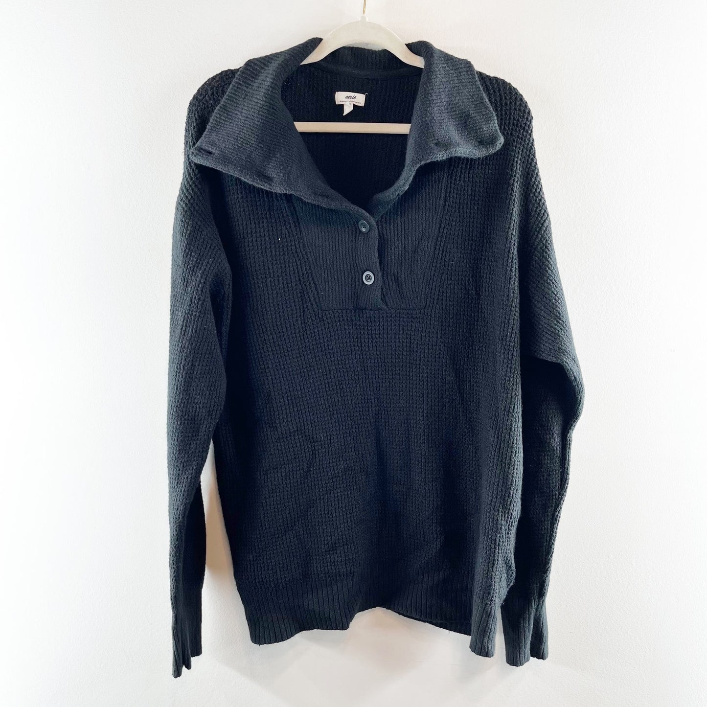 Aerie CozyUp Oversized Long Sleeve Waffle Henley Button Polo Sweater Black M