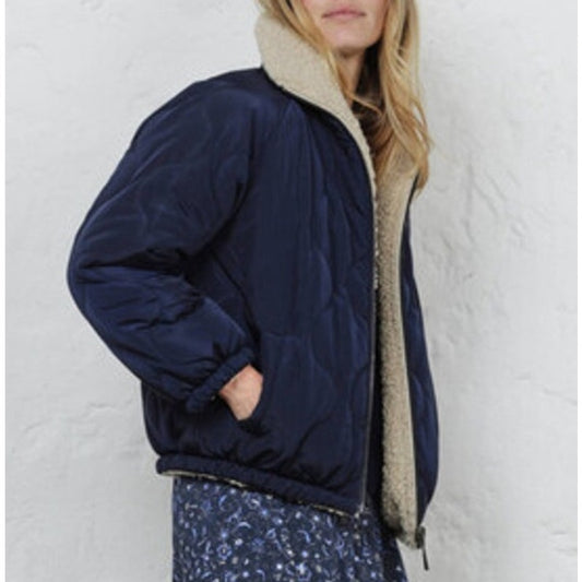 Berenice Mohana Reversible Sherpa Quilted Jacket Coat Navy Blue Tan Small