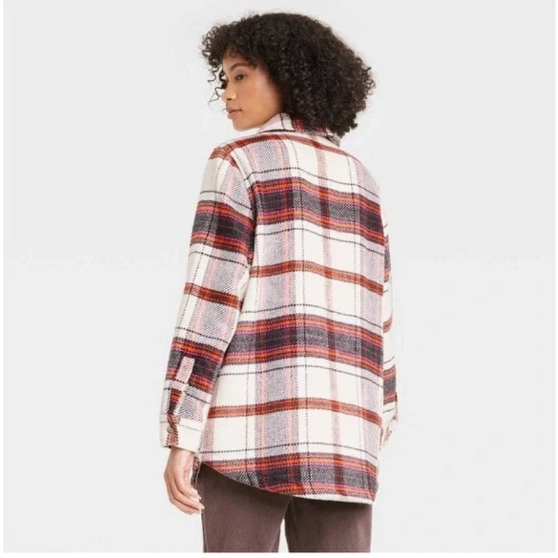 Universal Thread Plaid Long Sleeve Button-Down Shacket Jacket White Red Small