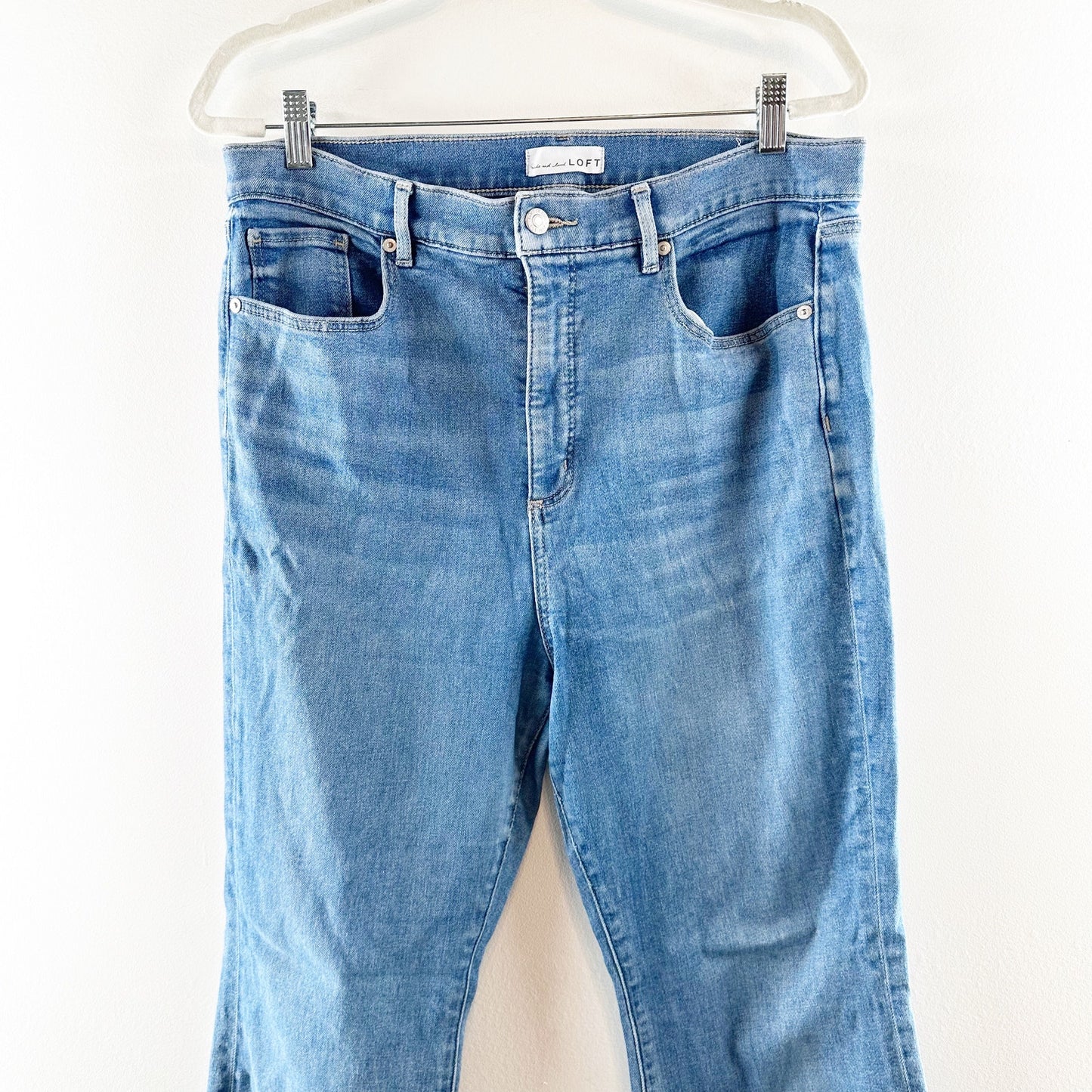 LOFT The High Rise Slim Flare Raw Hem Jeans Blue 14 / 32