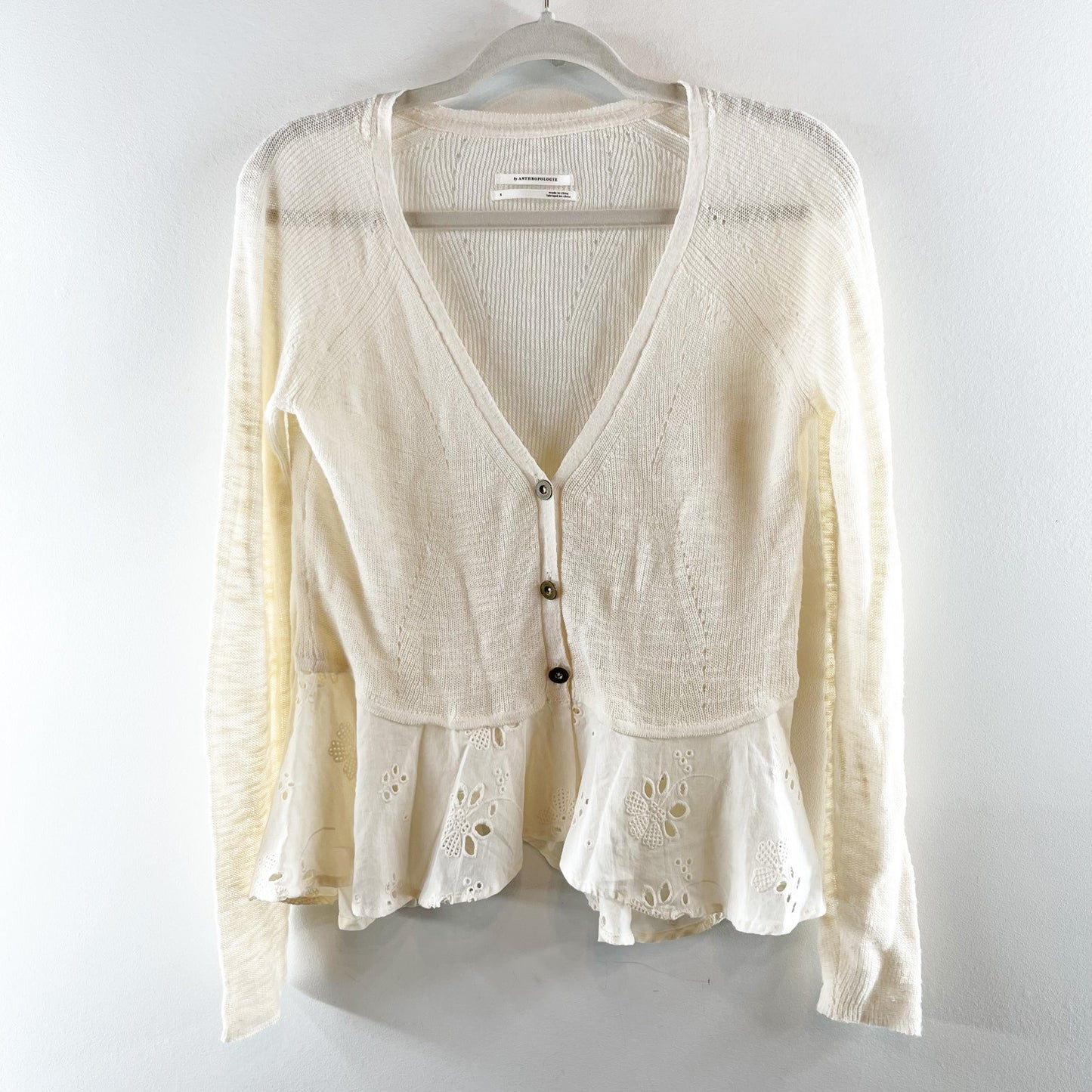Anthropologie Hollie Eyelet Peplum Button Up Cardigan Sweater White Cream Small