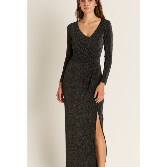 Aqua Formal Long Sleeve Shimmer Glitter Maxi Dress Gown Black Medium