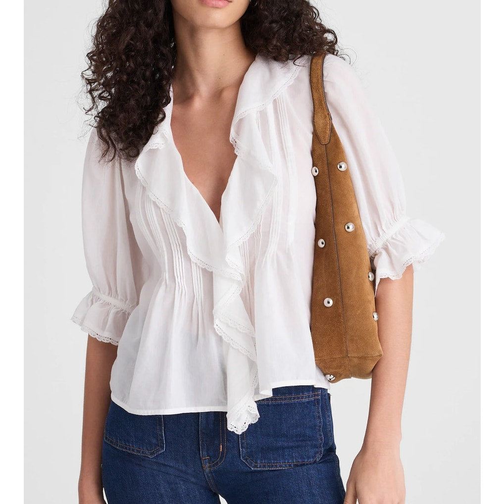 Madewell Blaire Pintucked Ruffled Puff-Sleeve V-Neck Blouse Top White Small