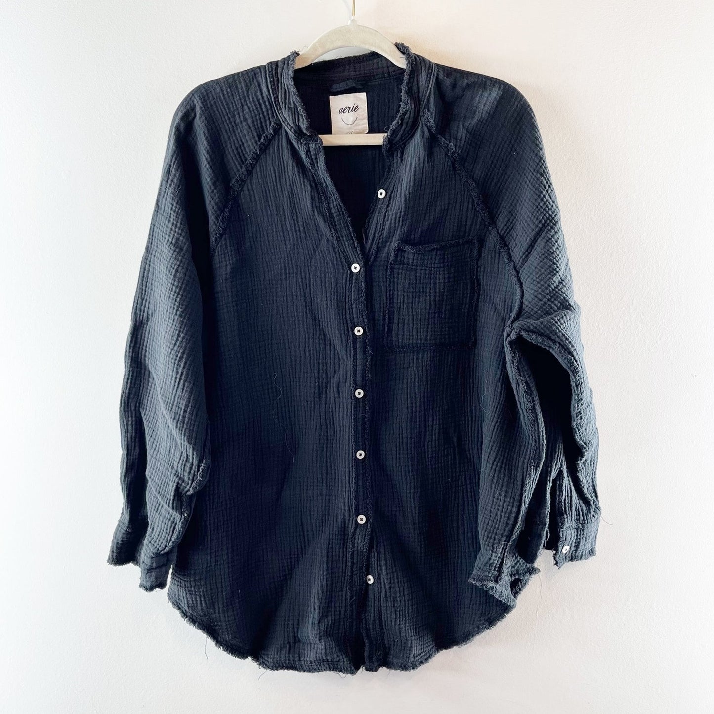 Aerie Pool To Party Long Sleeve Gauzy Tunic Button Down Shirt Black XS