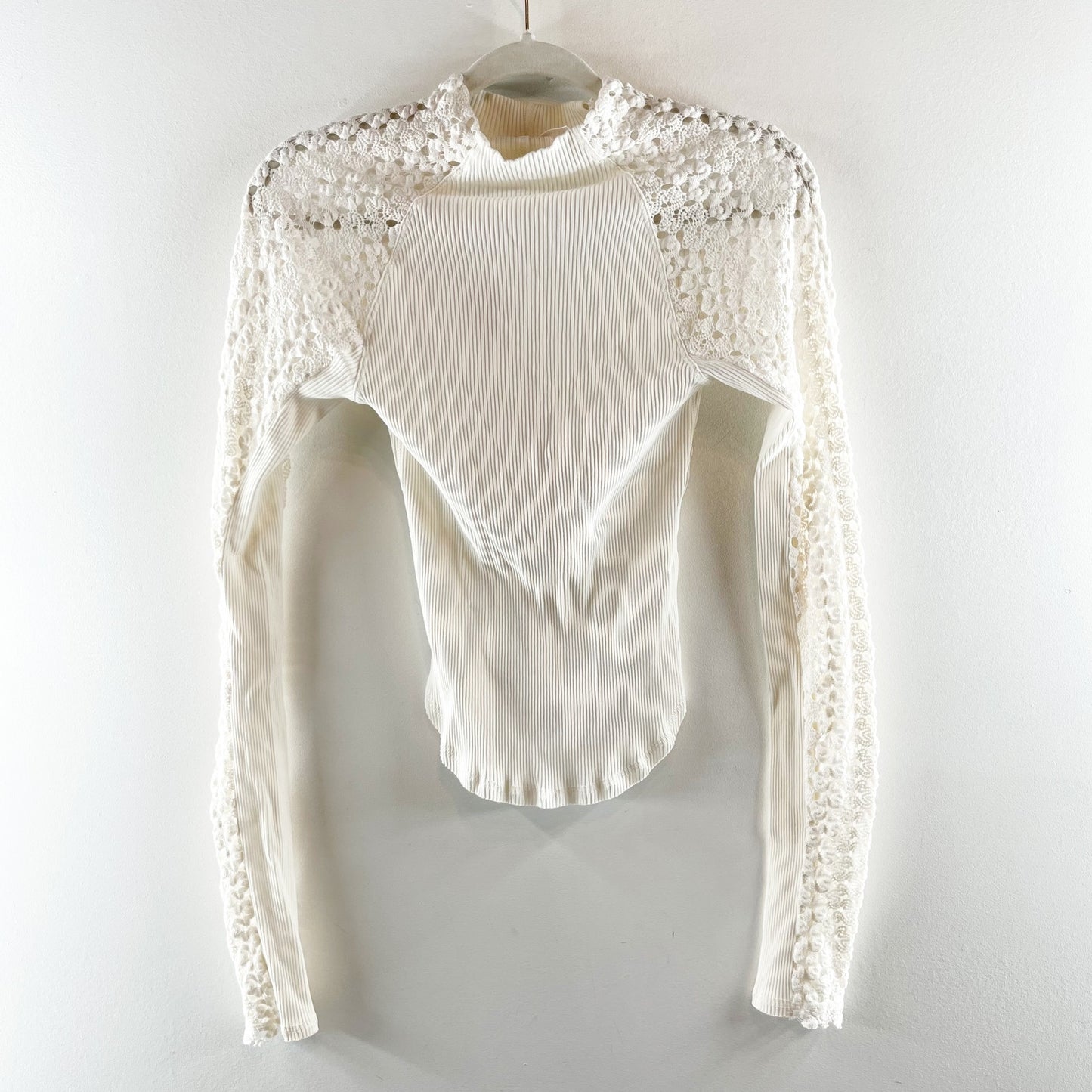 Free People Clemente Floral Lace Sleeve Mock Neck Ribbed Top White Medium