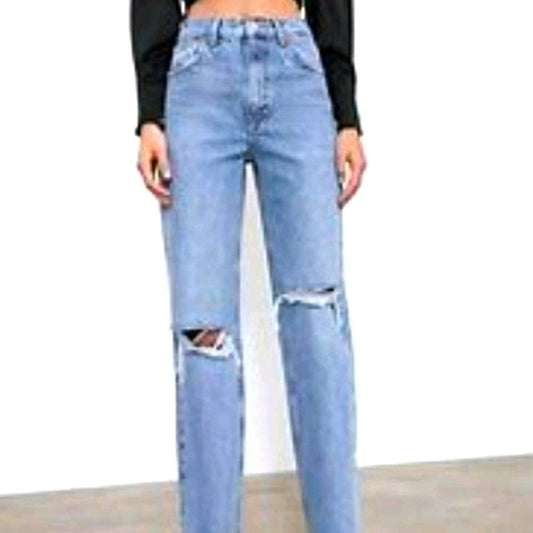 ZARA High Rise Distressed Bootcut Jeans Blue 4