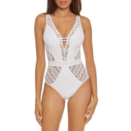 Becca Play Crochet Plunge One Piece Open Back Swimsuit White Medium