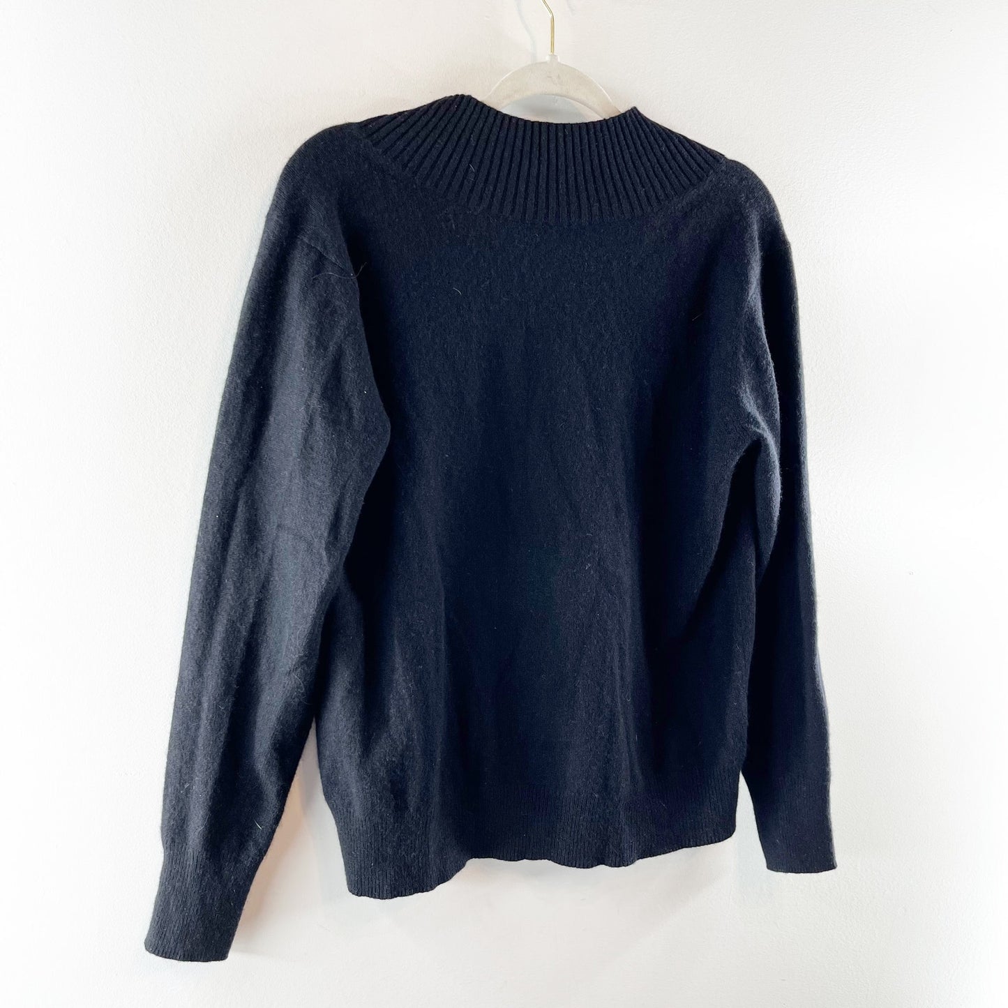 360 Cashmere Ribbed Trim Mock Neck Tie Back Pullover Sweater Black Small