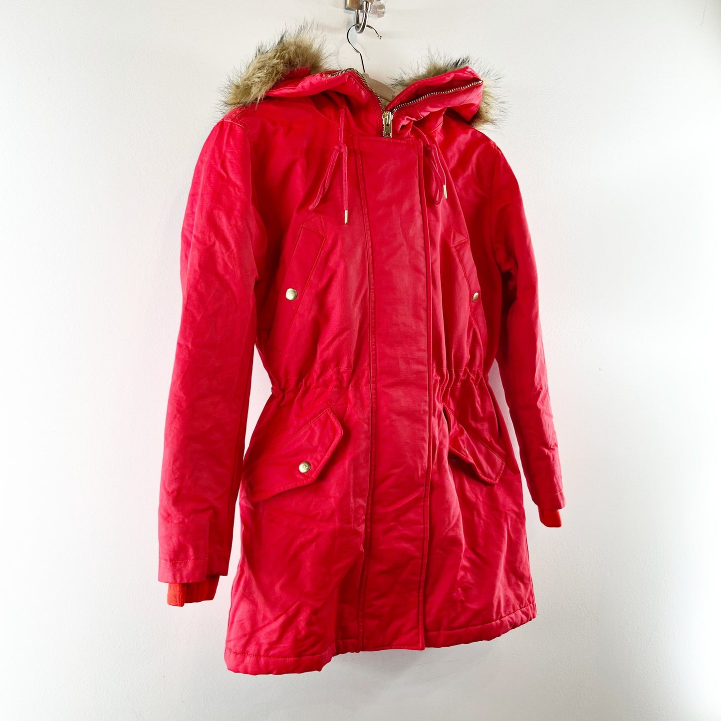 J. Crew Perfect Winter Parka Coat Jacket Faux Fur Trim Hood Red XXS