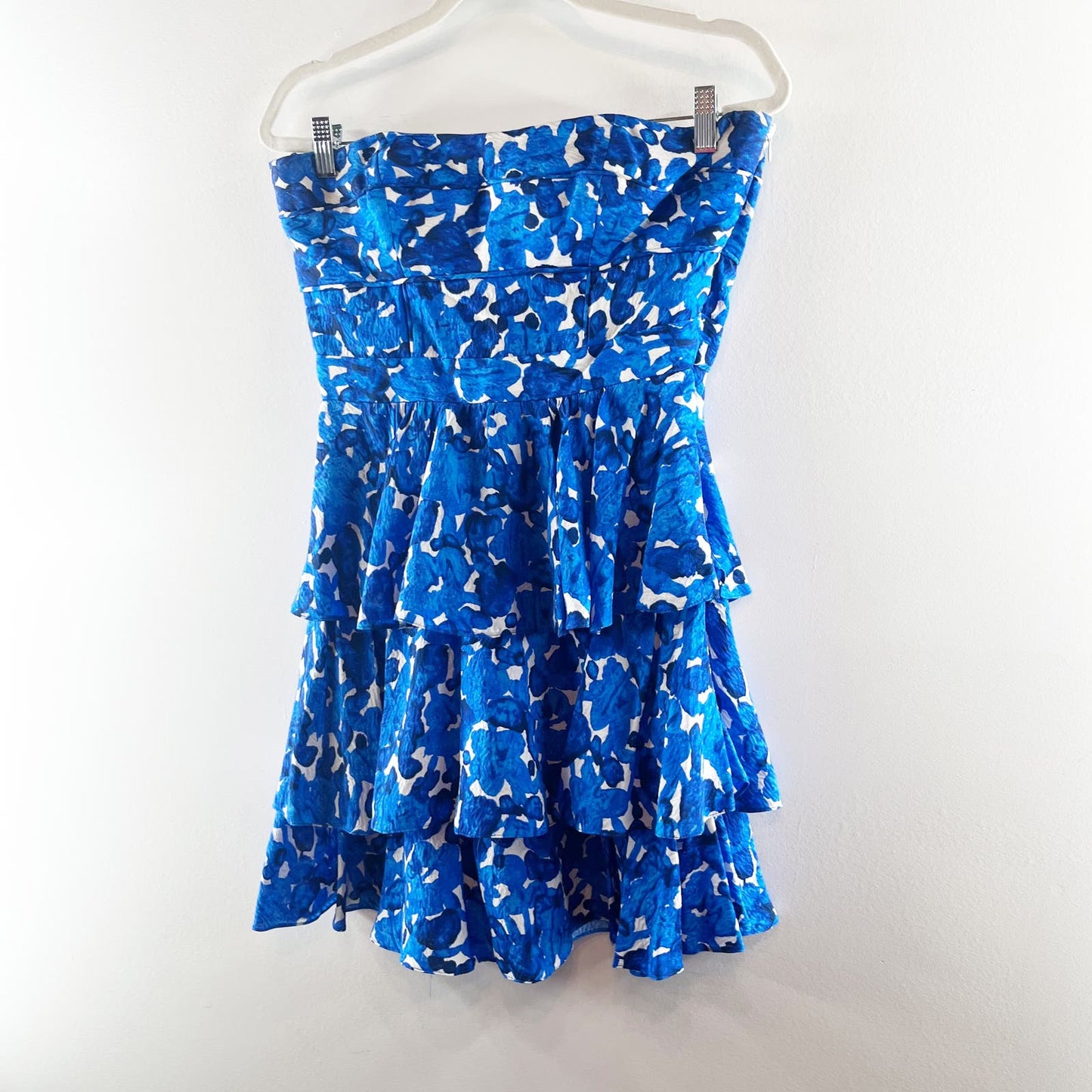 Cynthia Steffe Silk Tiered Ruffle Strapless Floral Mini Dress Blue White 8