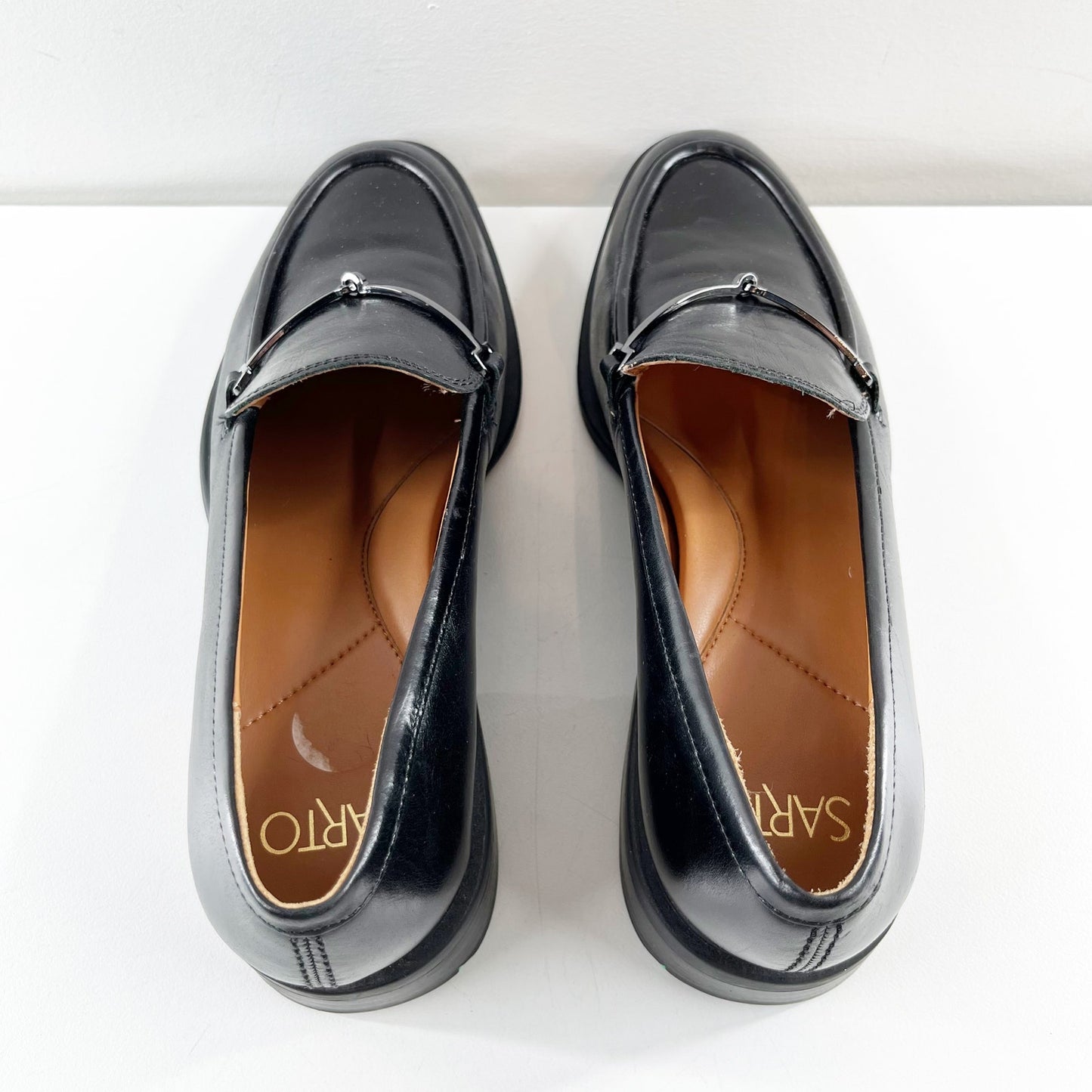 Franco Sarto Eda Leather Classic Slip-On Loafers with Metal Strap Detail Black 9