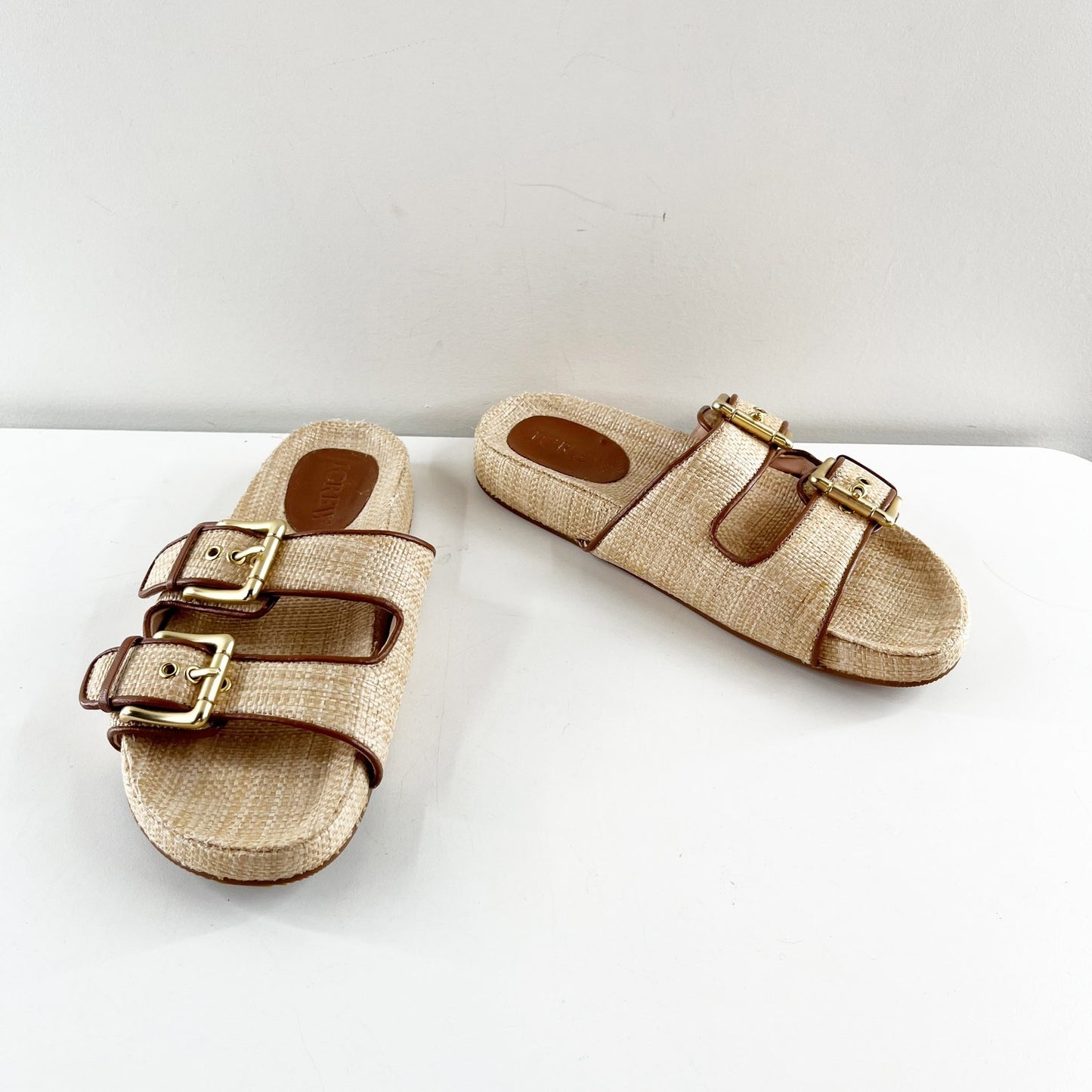 J. Crew Marlow Woven Raffia Leather Slip On Flat Slide Sandals Beige Tan 8.5