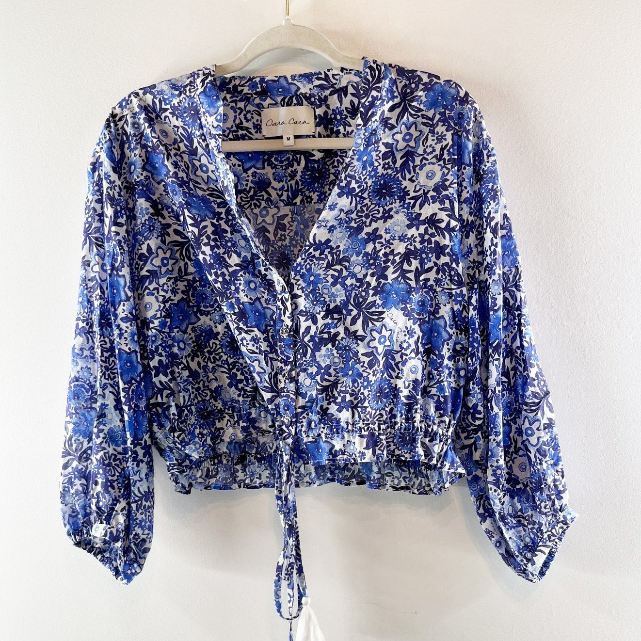 Cara Cara Perrin Floral Button Up Tie Hem Top Blouse Blue Medium