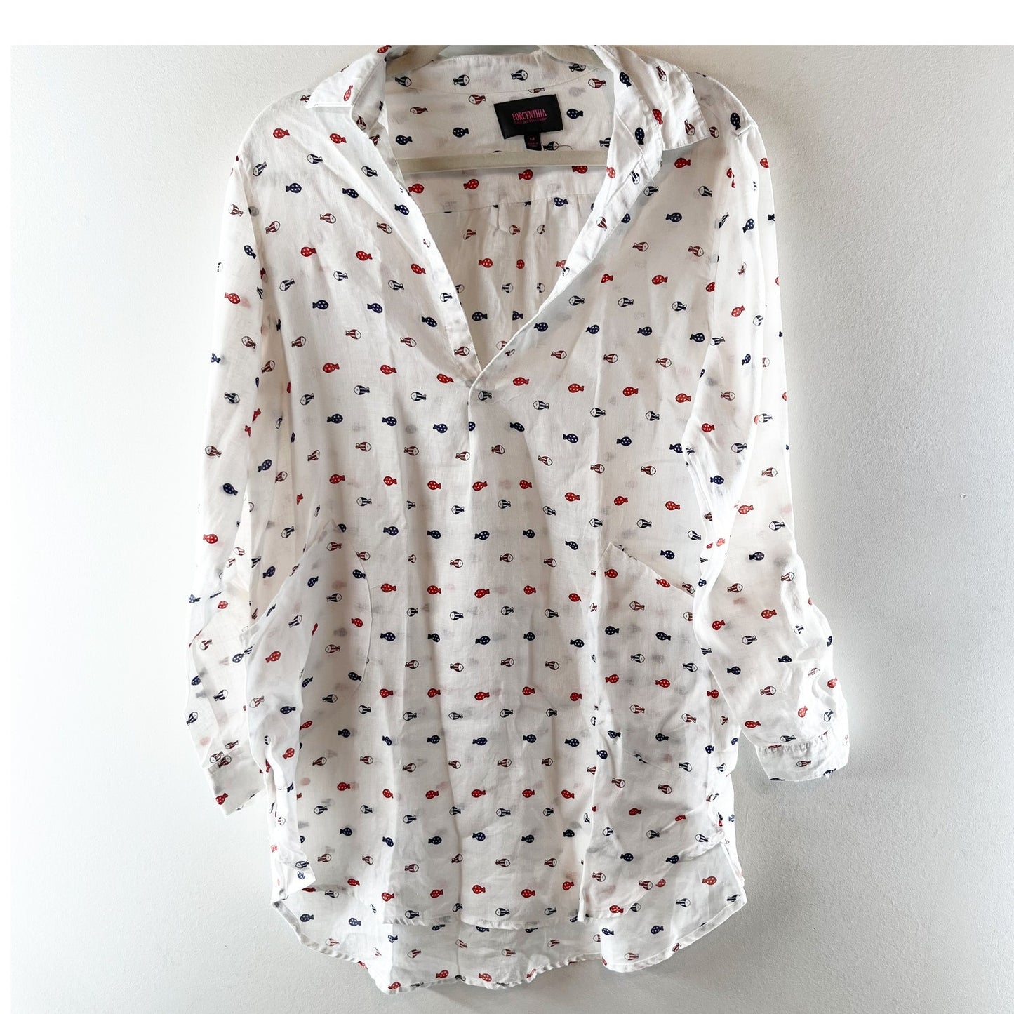 For Cynthia Linen Long Sleeve Embroidered Fish Print Mini Cover Up Shirt Dress M