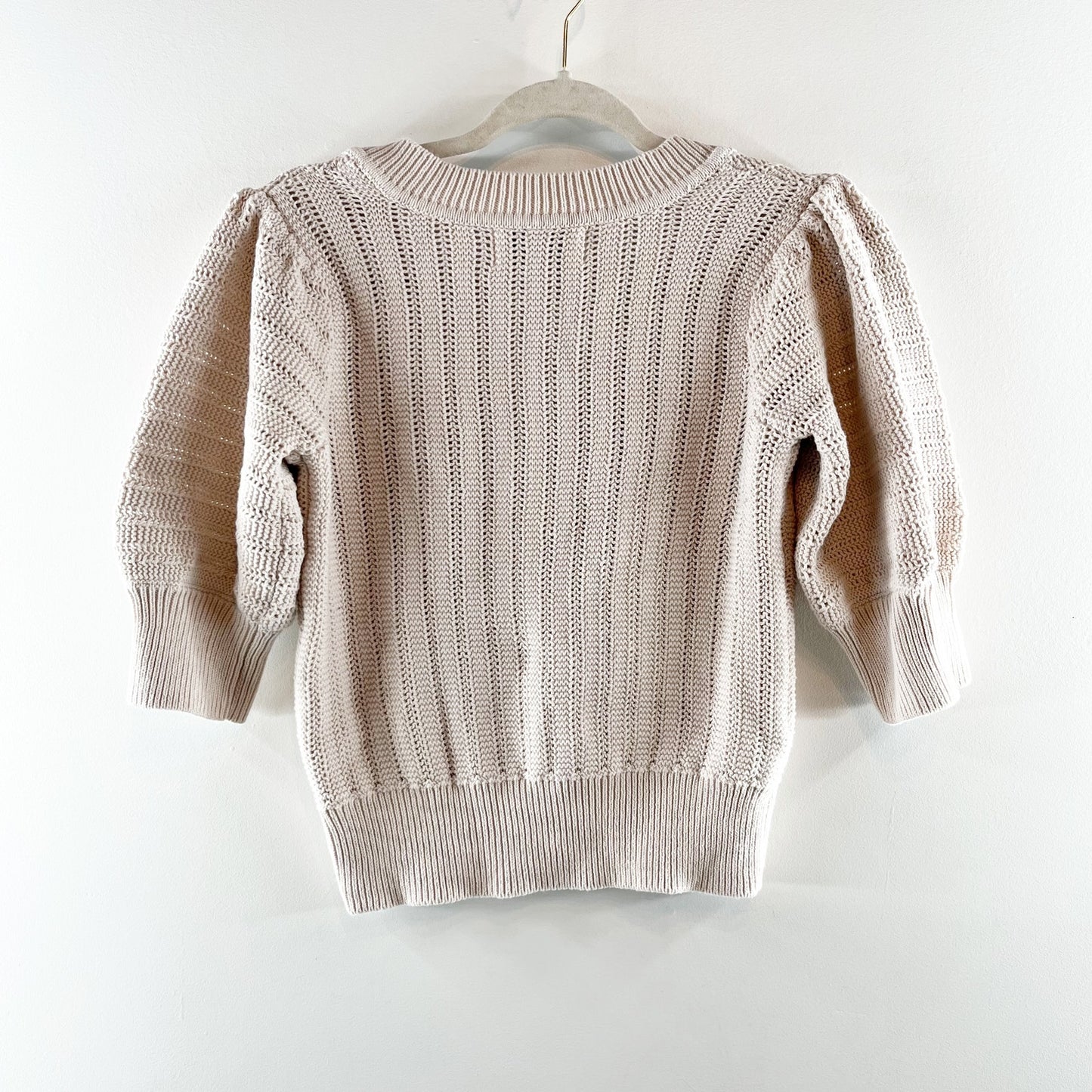 Design History Willow Cotton Puff Sleeve V-Neck Knit Pullover Sweater Cream S