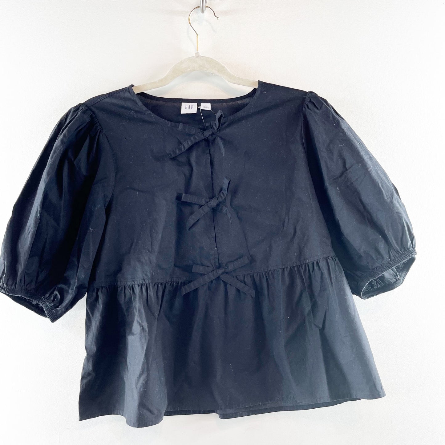 GAP Poplin Puff Sleeve Tie Front Blouse Top Black Small