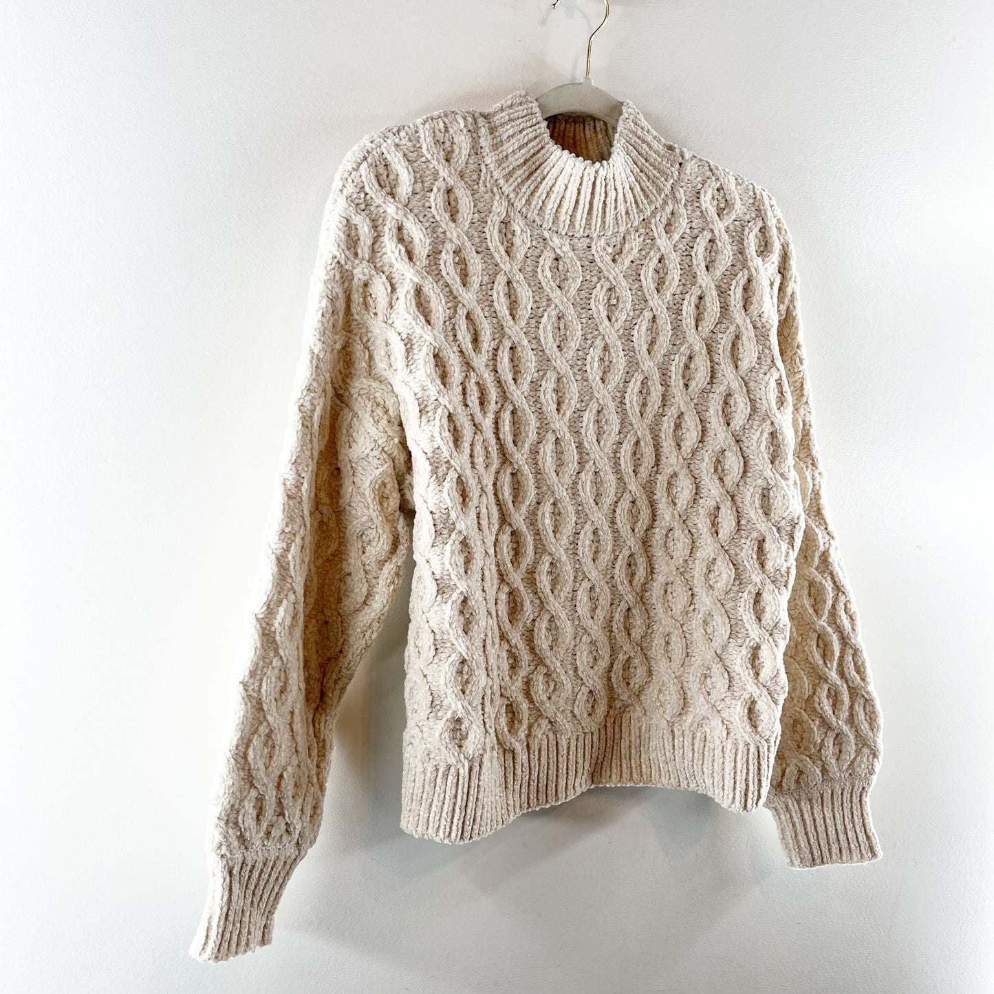 Santuary Long Sleeve Mock Neck Cable Knit Pullover Sweater Cream Small