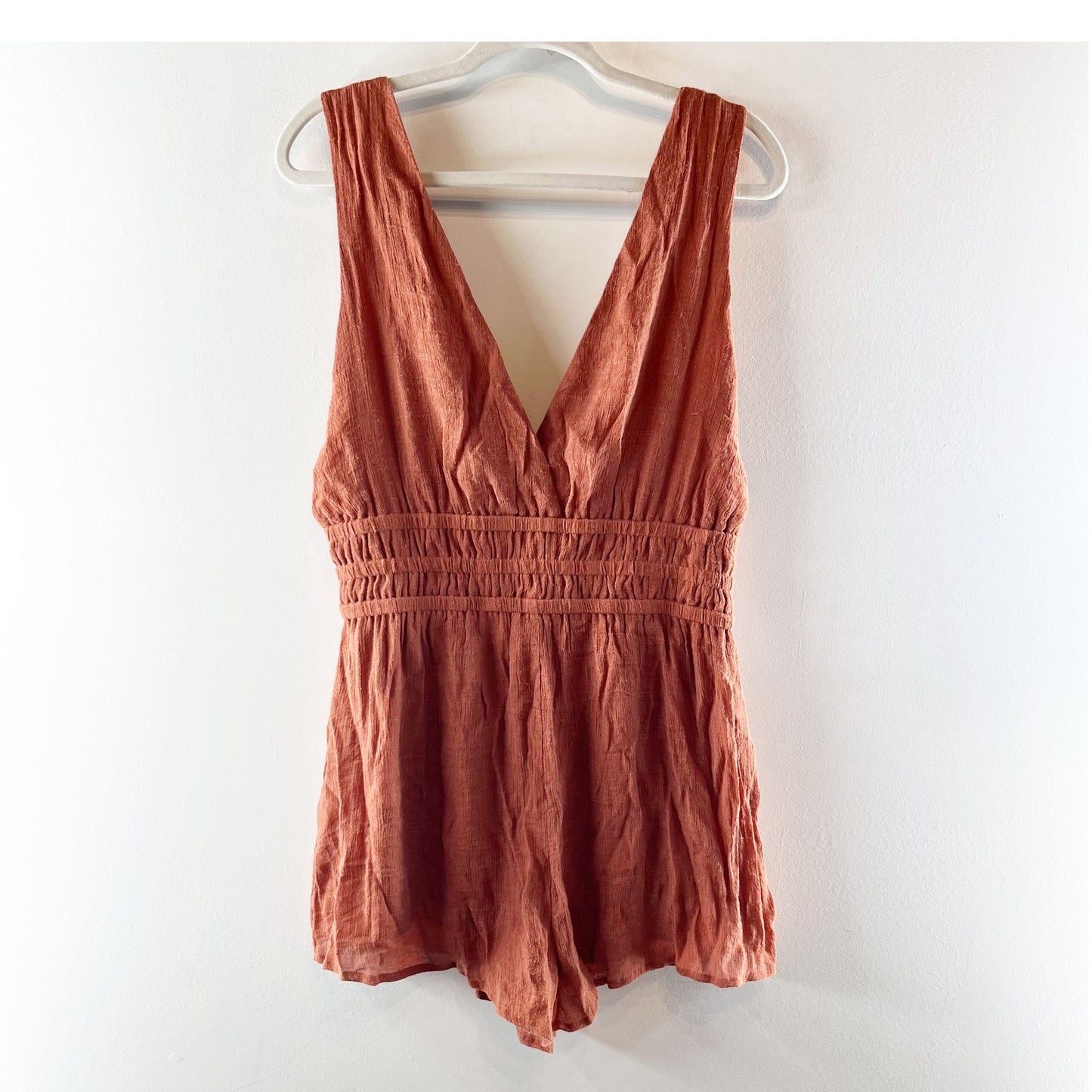 The Impeccable Pig Sleeveless Smocked Waist V-Neck Romper Brown Orange Large