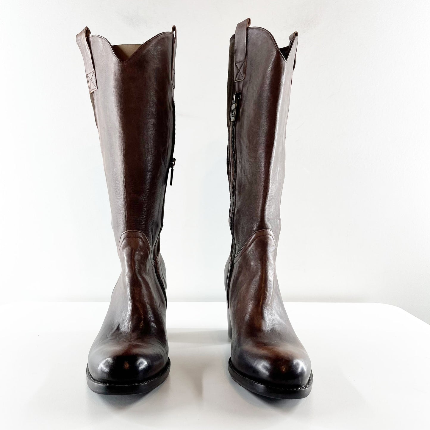 Jo Ghost Leather Knee High Chunky Block Heel Y2K Round Toe Boots Brown 8