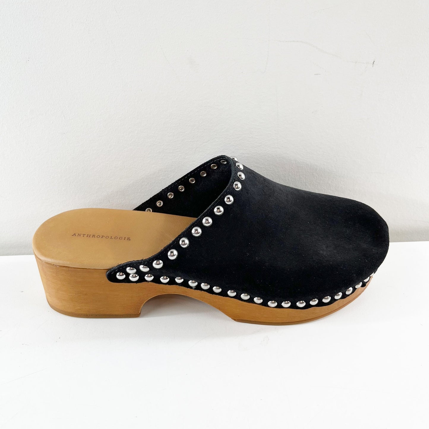 Anthropologie Studded Trim Wood Bottom Clogs Black 40 / US 9.5 / 10
