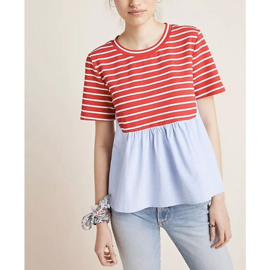 Anthropologie Elias Striped Short Sleeve Babydoll Mixed Media Tee Red Blue XS