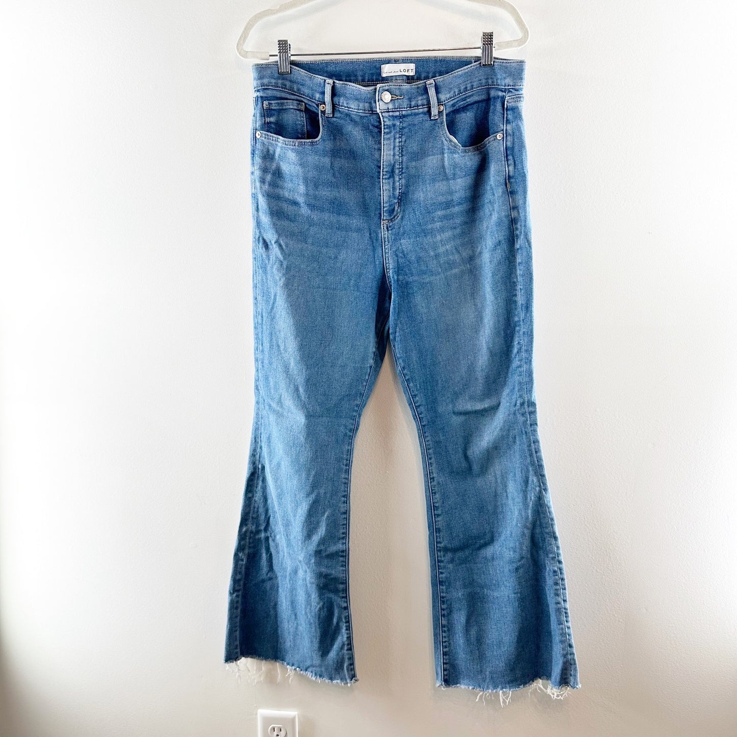 LOFT The High Rise Slim Flare Raw Hem Jeans Blue 14 / 32