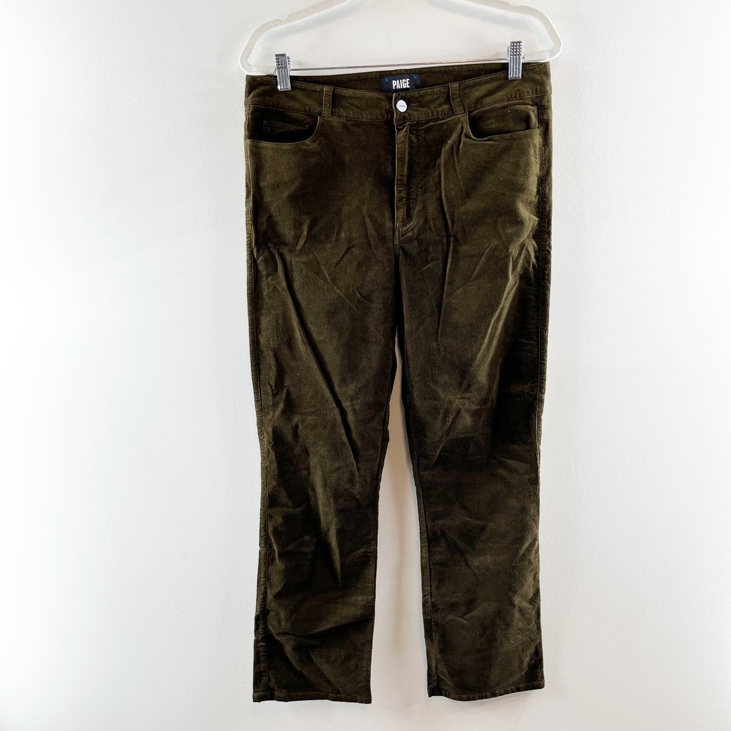 Paige Mid Rise Straight Leg Corduroy Pants in Brushed Olive Green 31