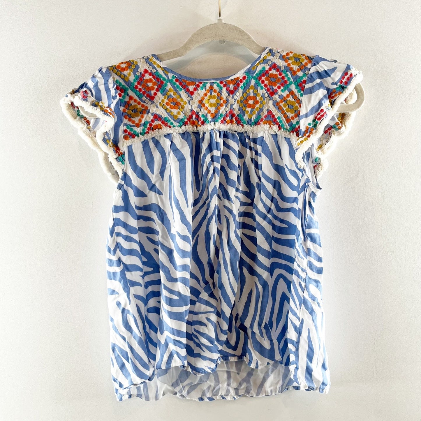 THML Embroidered Ruffle Sleeve Zebra Print Blouse Top Blue White XS