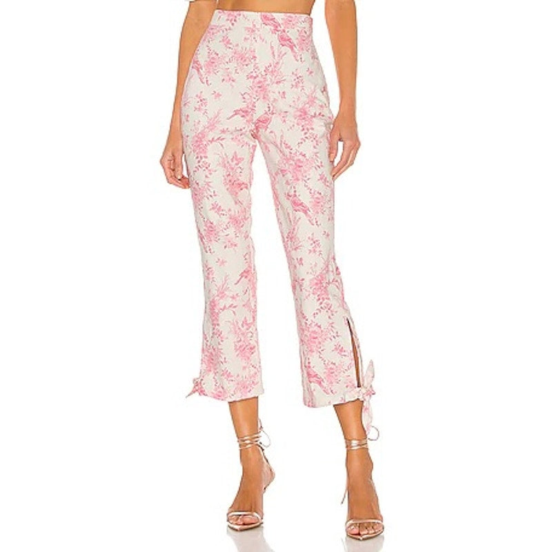 Majorelle Brexley High Rise Cropped Floral Linen Tie Hem Pants White Pink Small