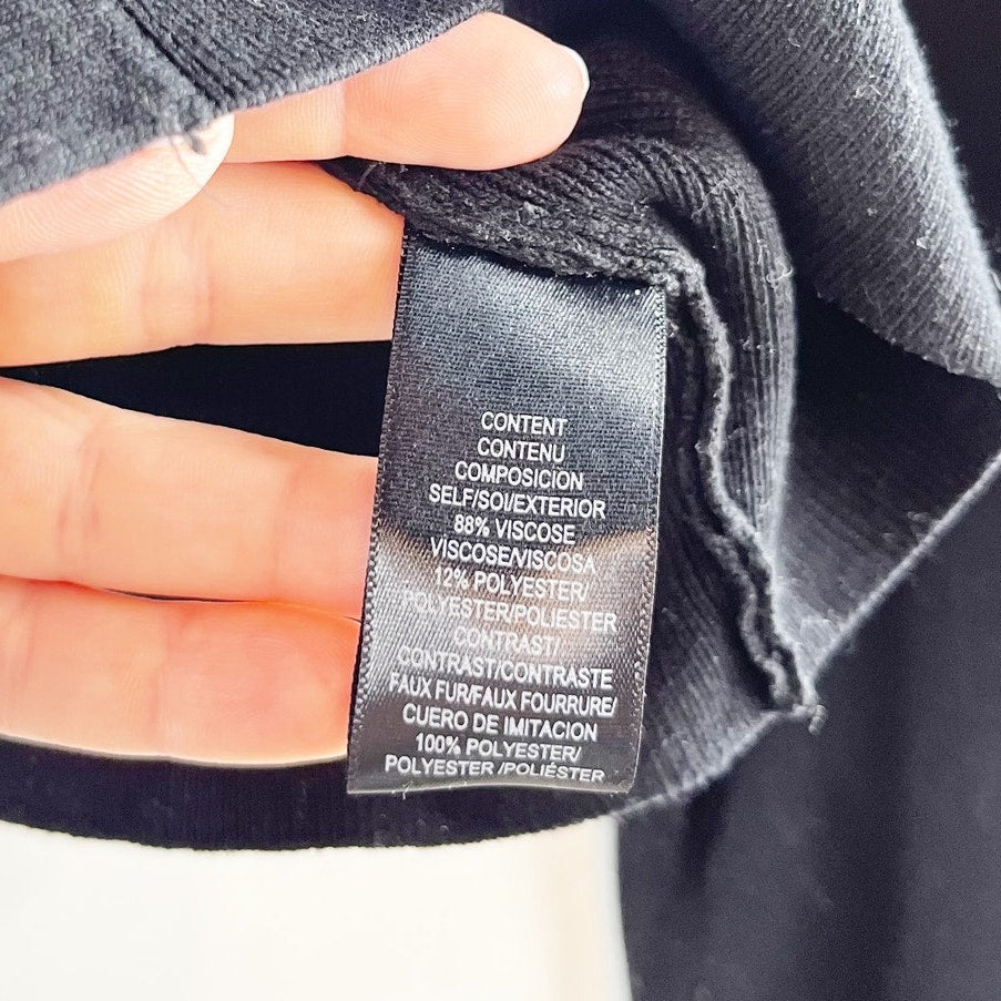 Wayf Long Sleeve Button Front Cropped Cardigan with Faux Fur Cuffs Black Medium