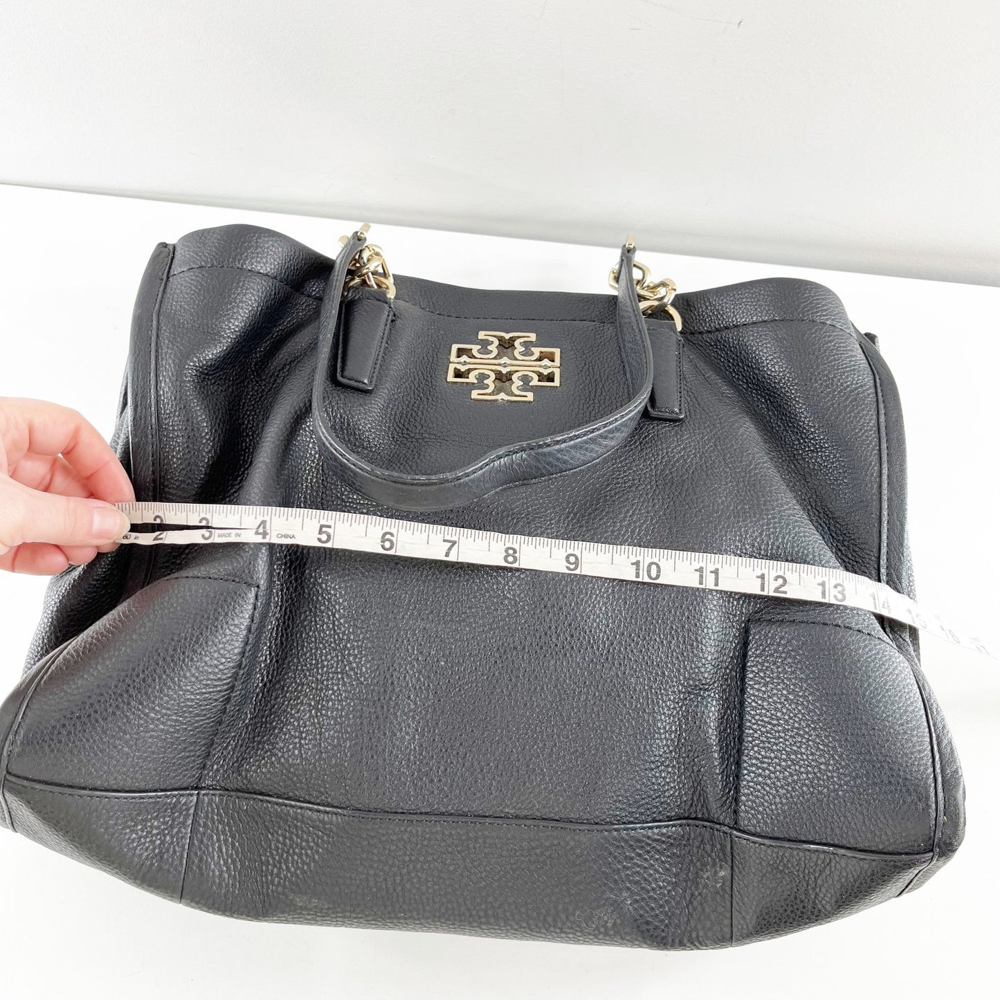 Tory Burch Britten Leather Tote Purse Bag Black Gold