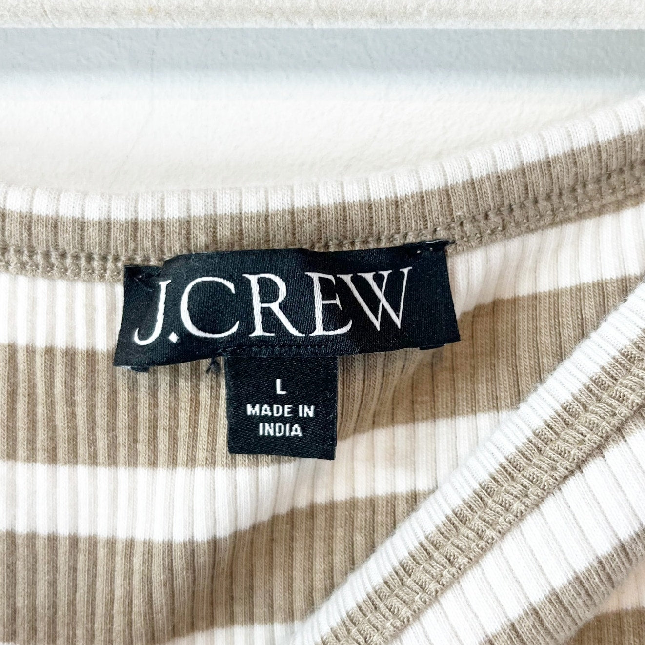 J. Crew Short Puff Sleeve Striped Ribbed Top Tee Shirt Tan Cream Large