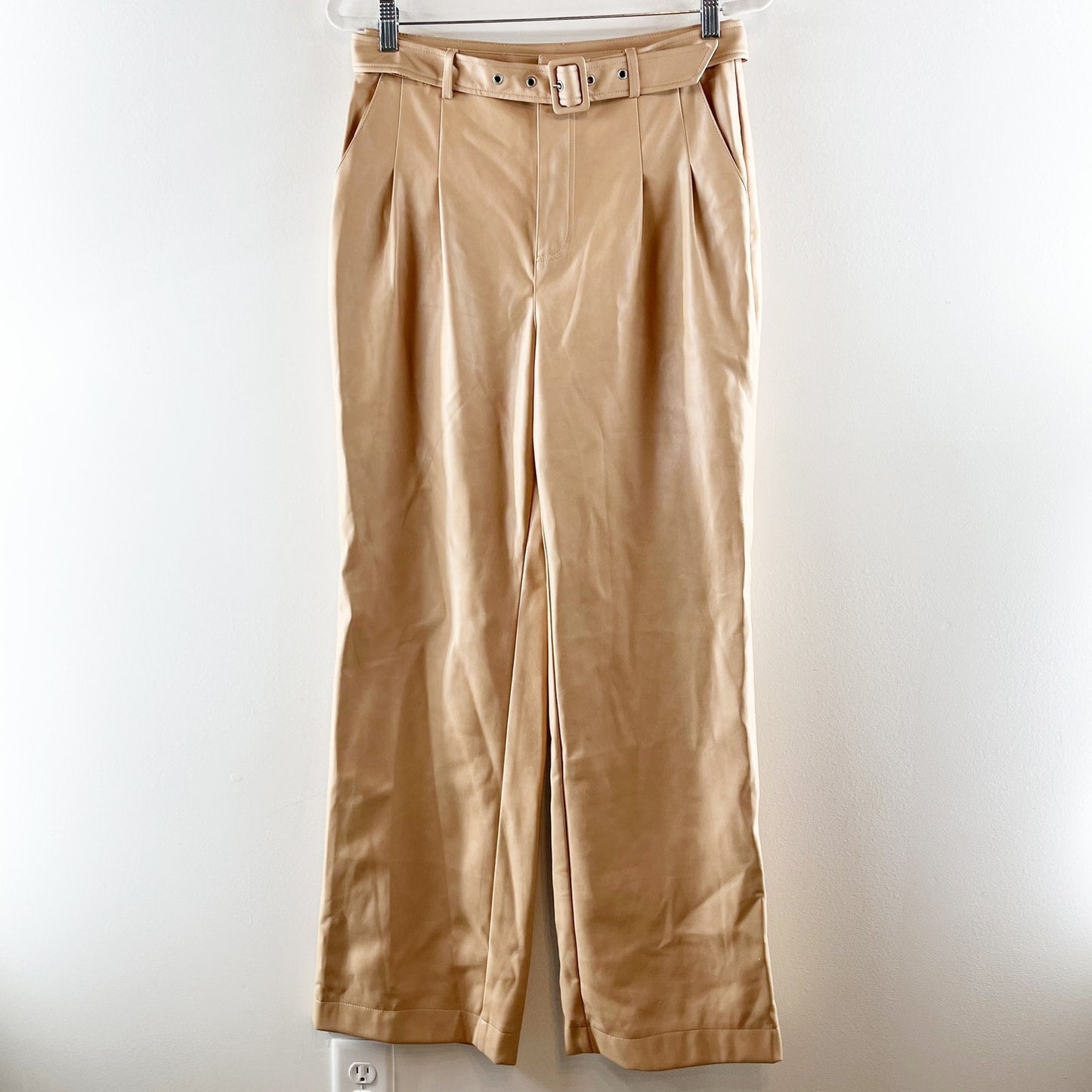 7 For All Mankind Coated Faux Leather Pleated Belted High Waist Pants Tan Medium