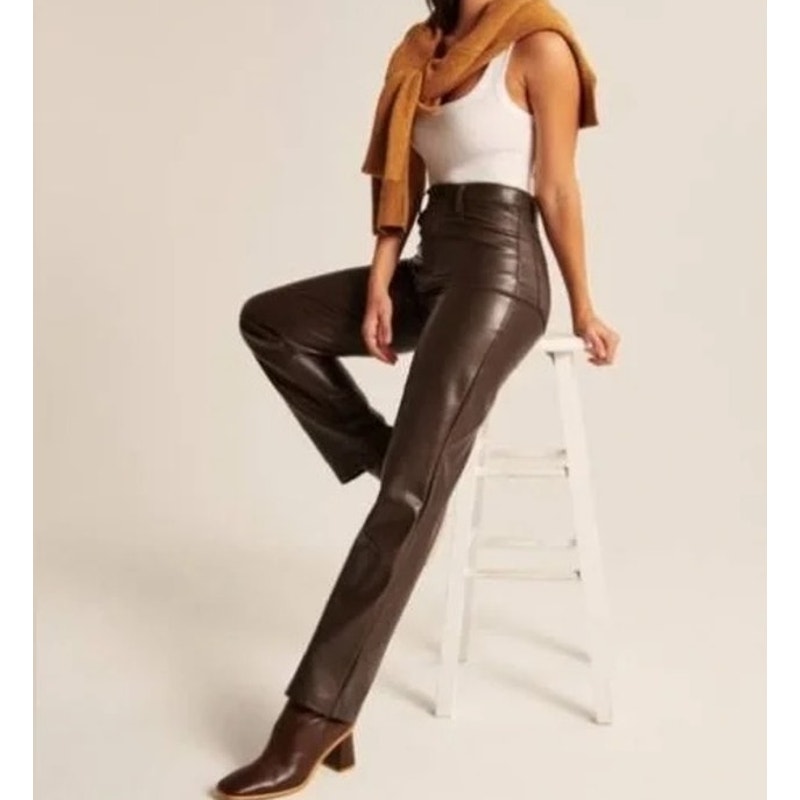 Abercrombie '90's Straight Ultra High Rise Curve Love Faux Leather Pants Brown 8