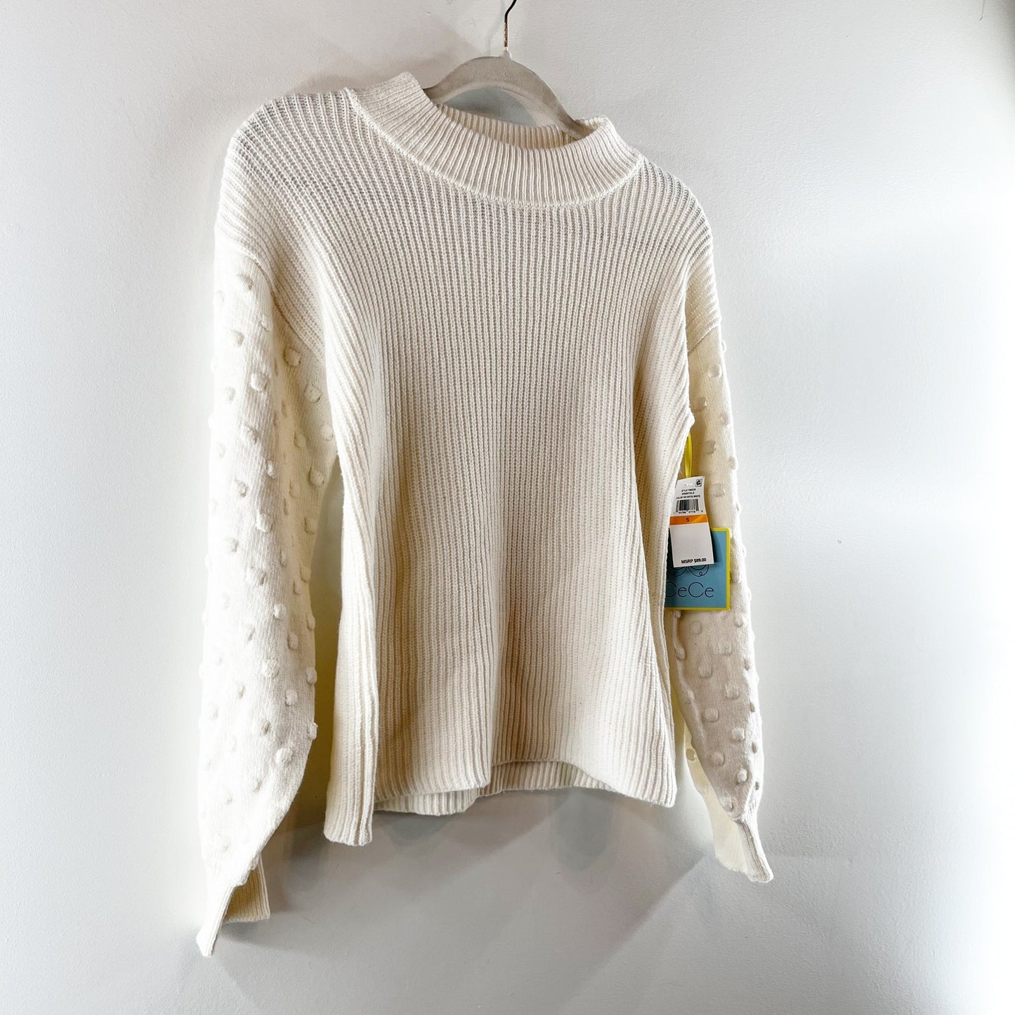 CeCe Puff Sleeve Bubble Ribbed Sweater in Antique White Small