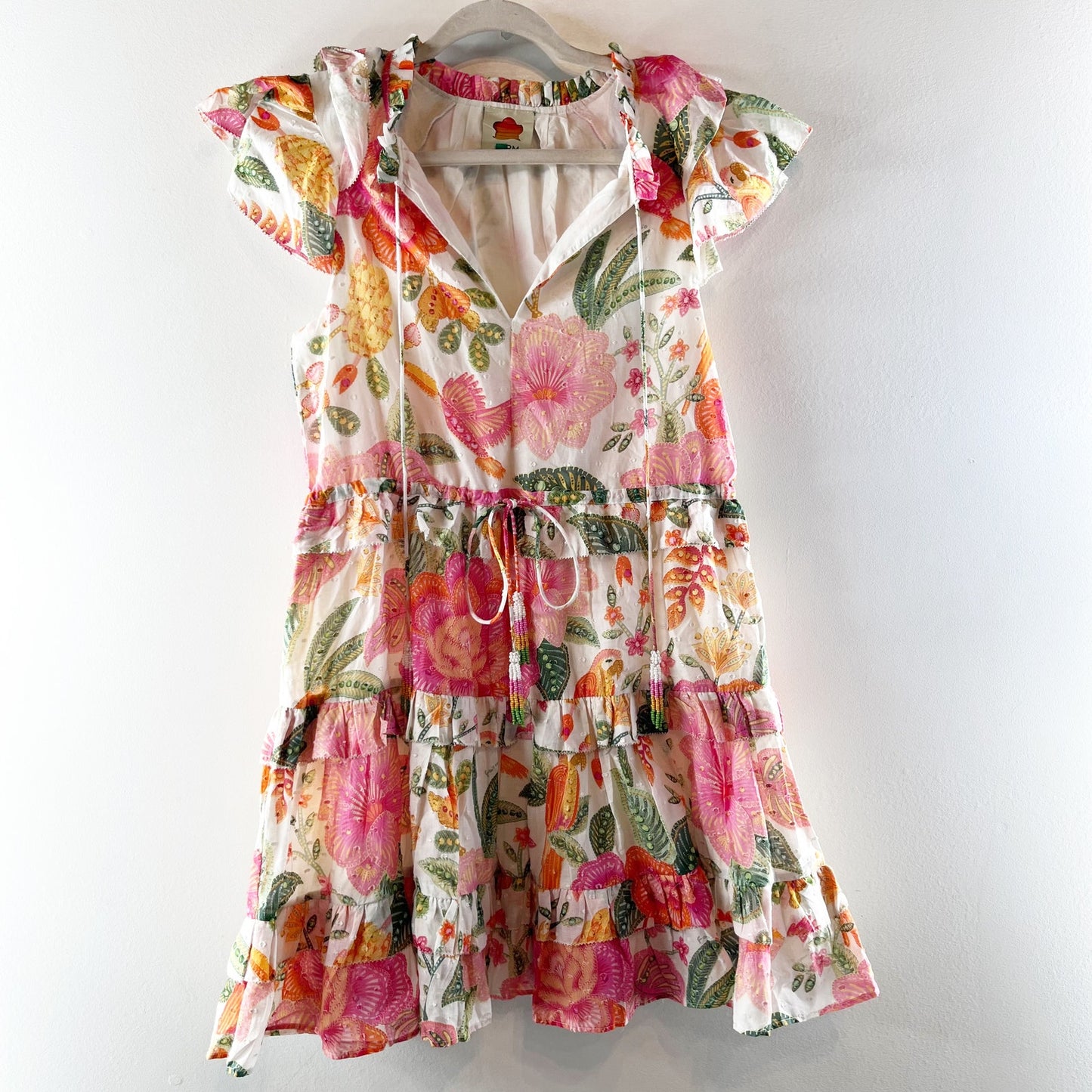 Farm Rio Macaw Bloom Floral Tiered Babydoll Mini Dress Pink White XS