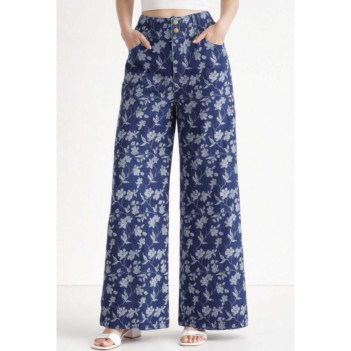 The Korner High Rise Floral Print Wide Leg Jeans Blue 2
