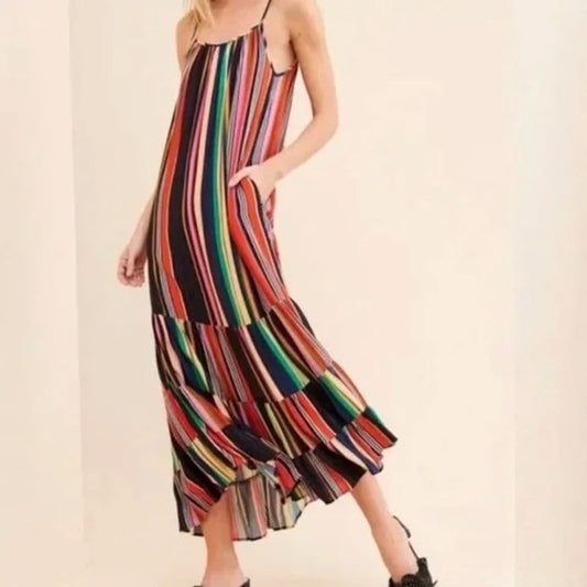 Farm Rio Rainbow Shimmer Striped Sleeveless Tiered Maxi Dress Small