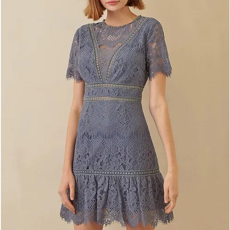 STORIA Henley Lace Short Sleeve Round Neck Keyhole Back Mini Dress Blue Medium