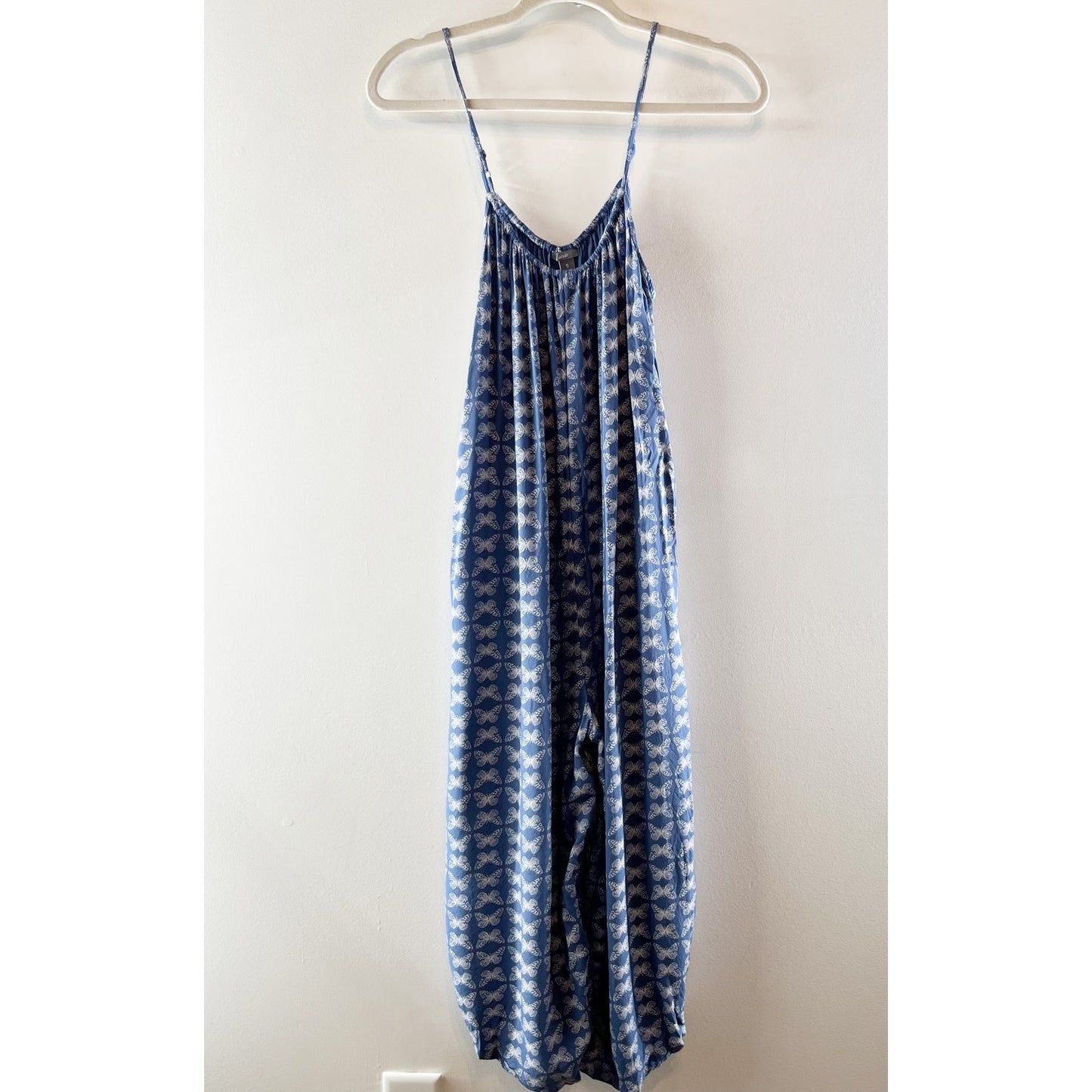 Aerie Butterfly Print Sleeveless Scoop Neck Cropped Wide Leg Jumpsuit Blue XS